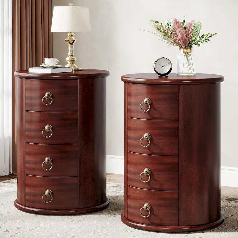 No Assembly Round Solid Wood End Table, Small Side Table with Drawers