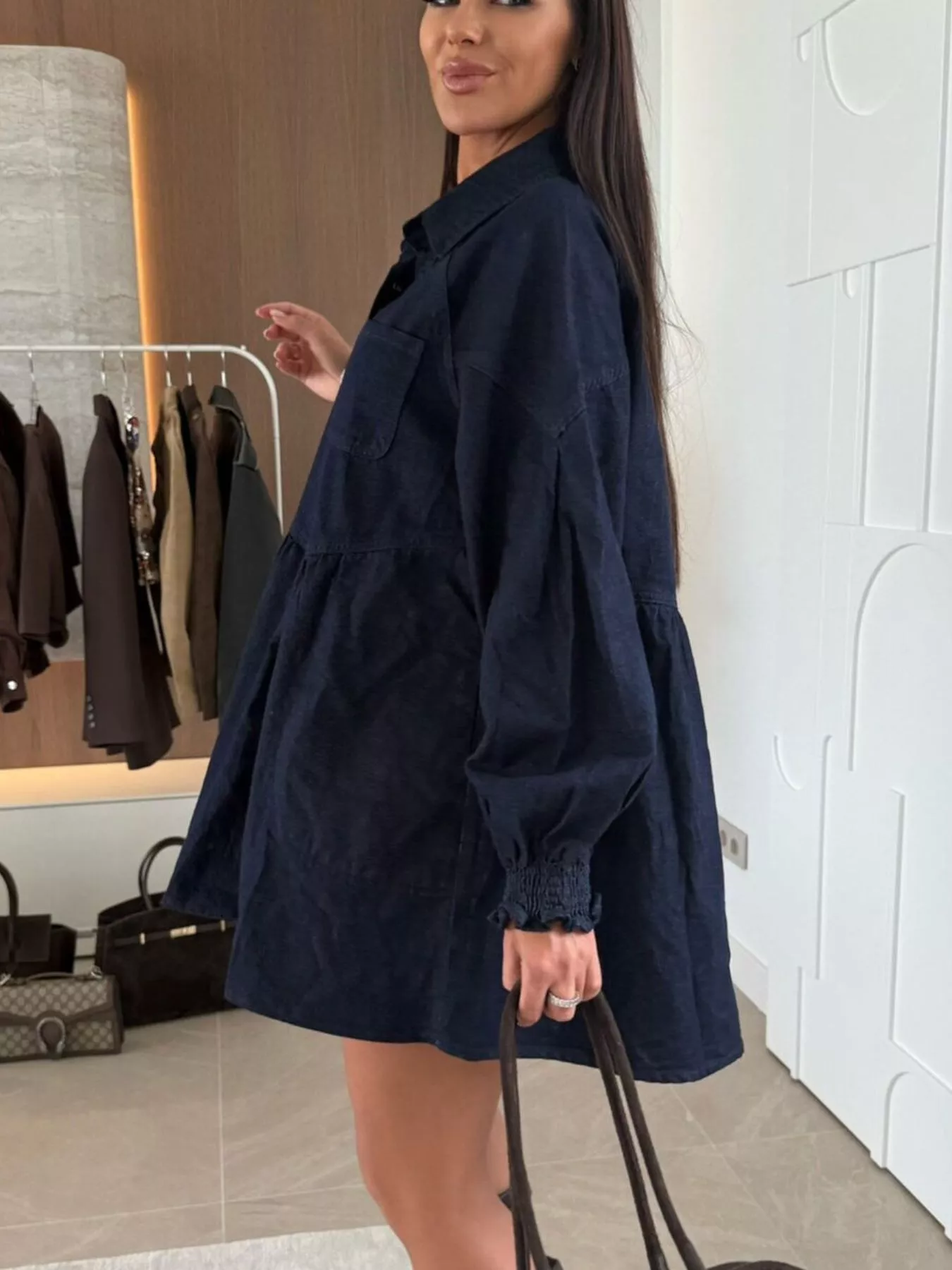 Button Down Mini Denim Dress with Front Pockets