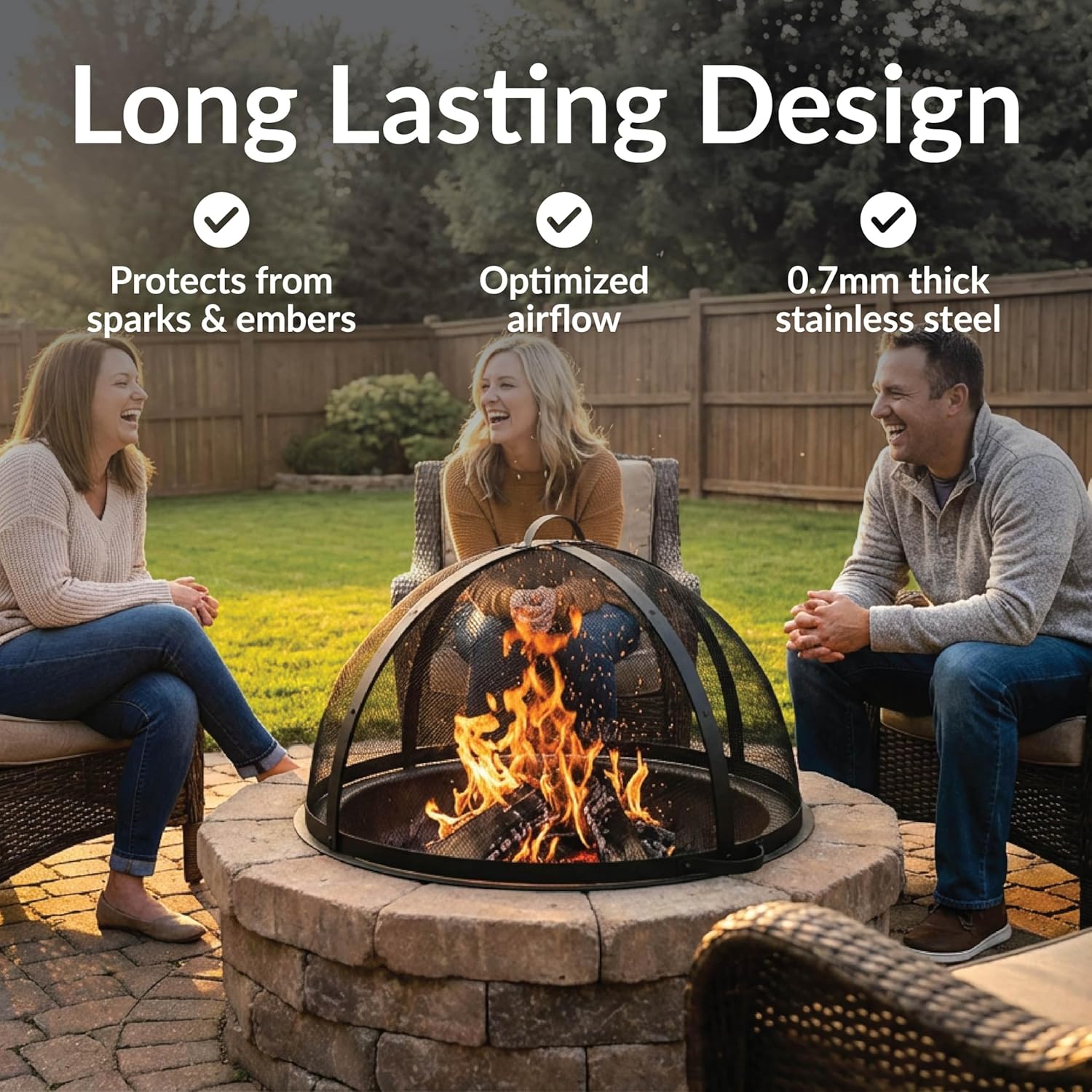 Sunnydaze Round Fire Pit Spark Screen Cover - Easy-Opening Outdoor Fire Pit Screen - Heavy‑Duty Steel Metal Mesh - 36