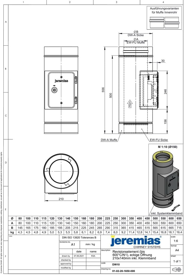 Jeremias DW-FU Revisionselement Ø 180 mm Doppelwand Edelstahl Abgassystem bis 600°C N1 für Öl Gas Festbrennstoffe Inspektion Reinigung