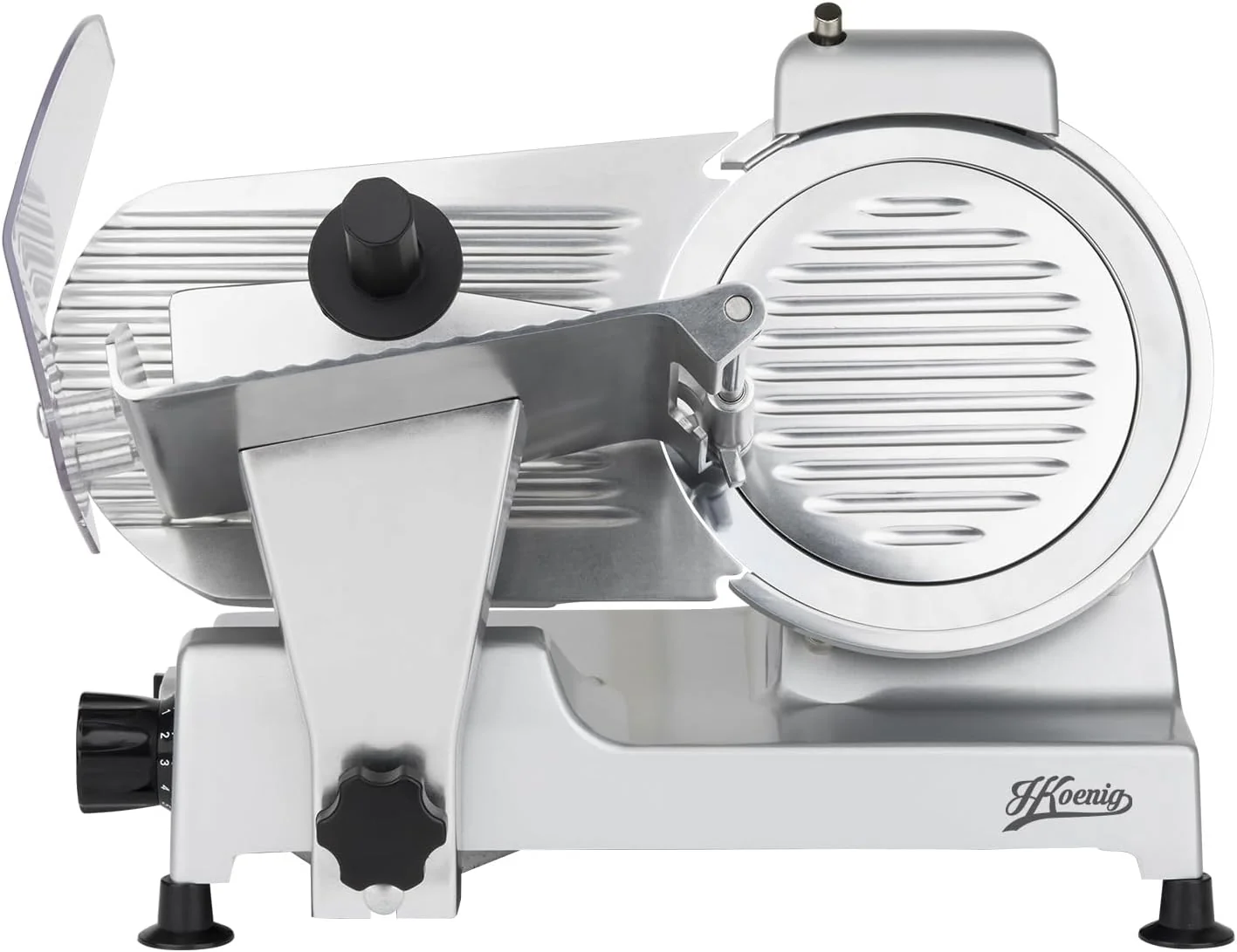 H.Koenig MSX250 Professional Precision Electric Meat Slicer 0-12 mm Cutting Thickness 25 cm Italian Blade Integrated Sharpener Wide Tray 282 RPM Silver