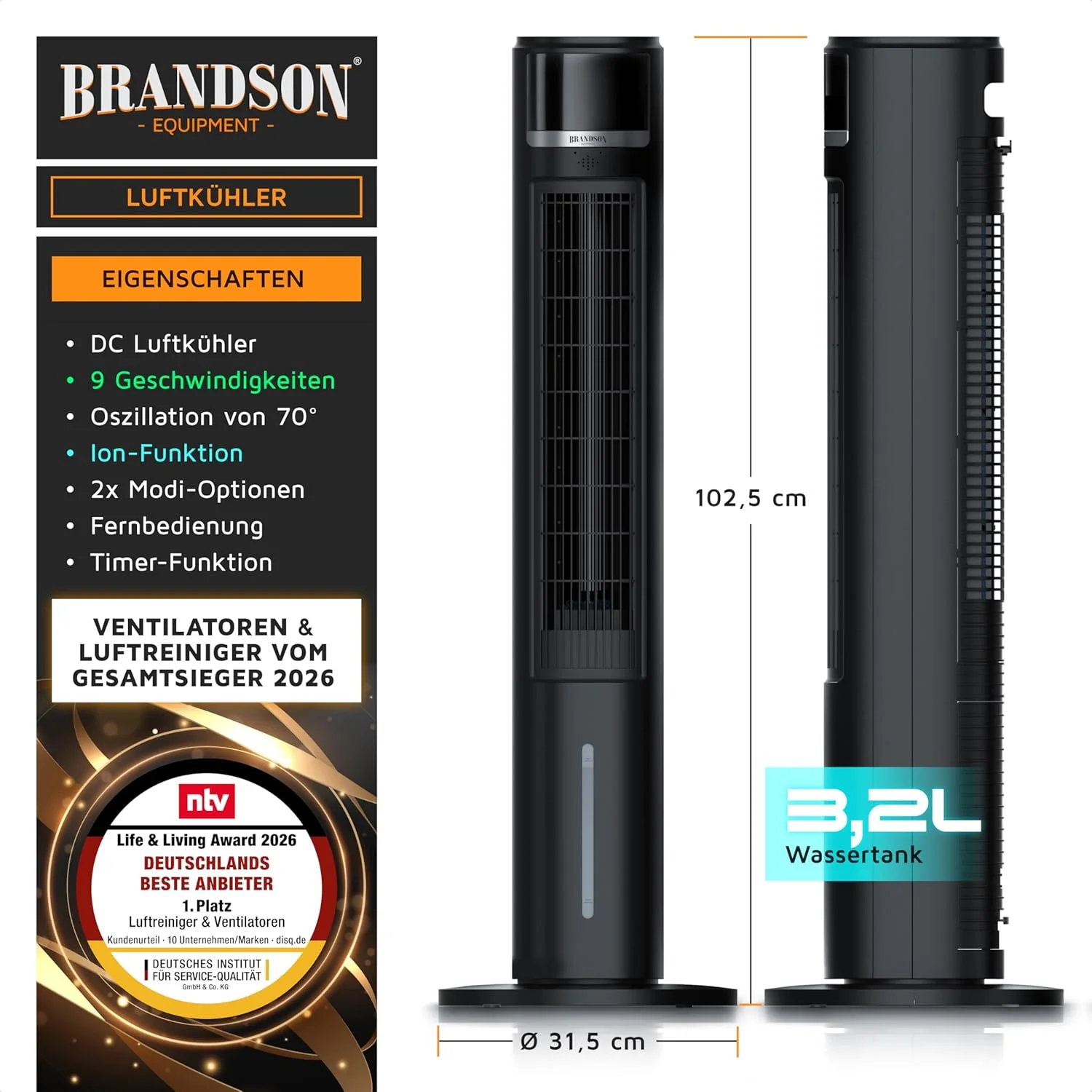 Brandson – mobil léghűtő vízhűtéssel, ECO kivitelben – extra csendes DC motor – 60% energiamegtakarítás – A ventilátorok és léghűtők 2026-os győztese – oszlopventilátor – oszcilláció – ion funkció