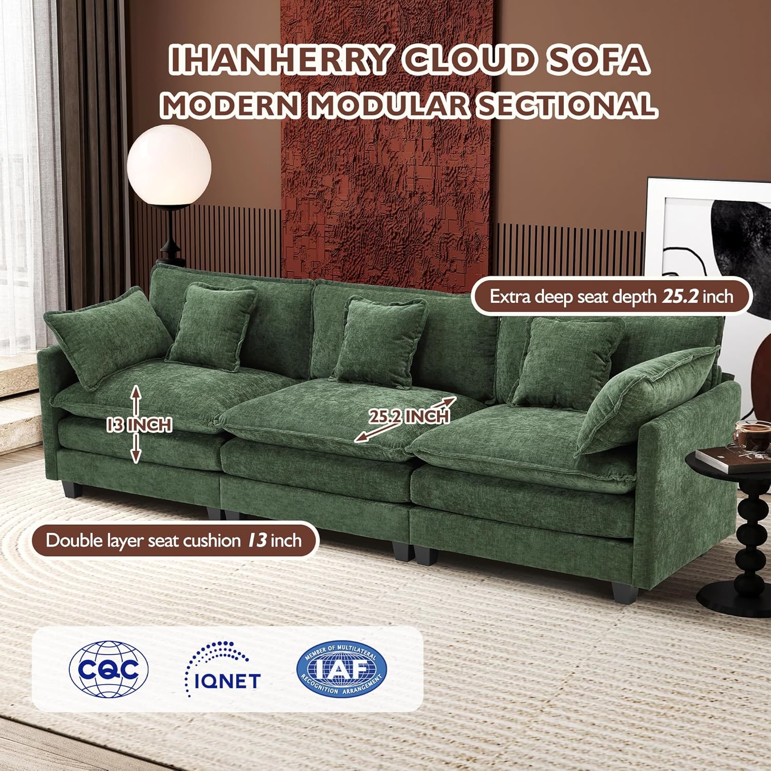 111.4 Inch L-Shaped Modern Sofa Modular Cloud Sofa Ottoman 4-Seater Chenille Deep Seat Sofa