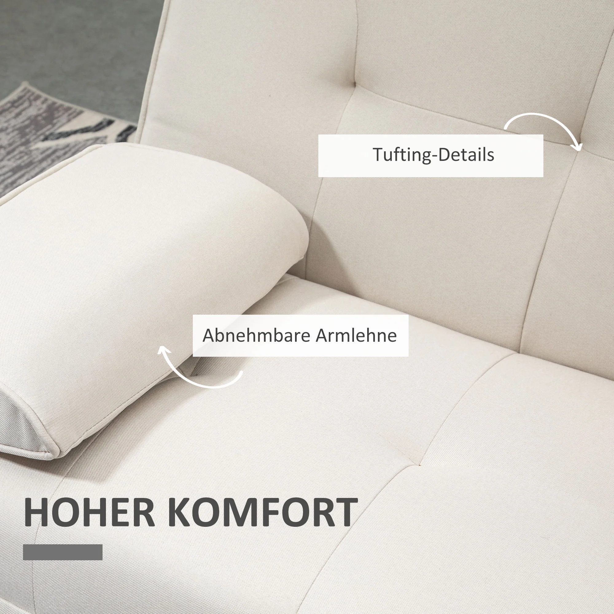 HOMCOM Slaapbank 3-zits, verstelbare rugleuning met inklaptafel, twee armkussens, linnenlook, beige, 181 x 77 x 78 cm