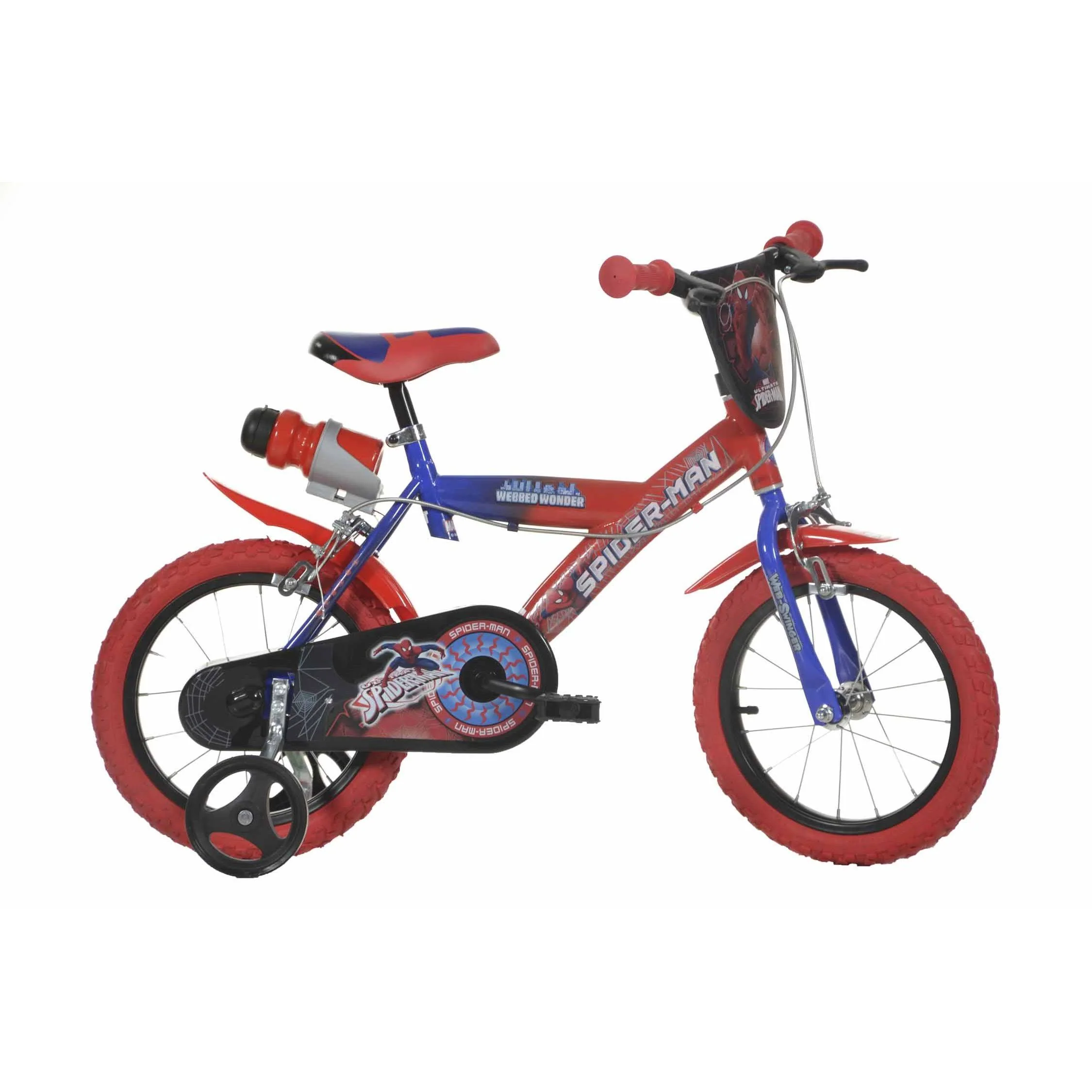 Dino Bikes Spiderman 14 hüvelykes gyerek kerékpár támasztókerékkel – 3-5 éveseknek, párnázott ülés, biztonsági tesztelt