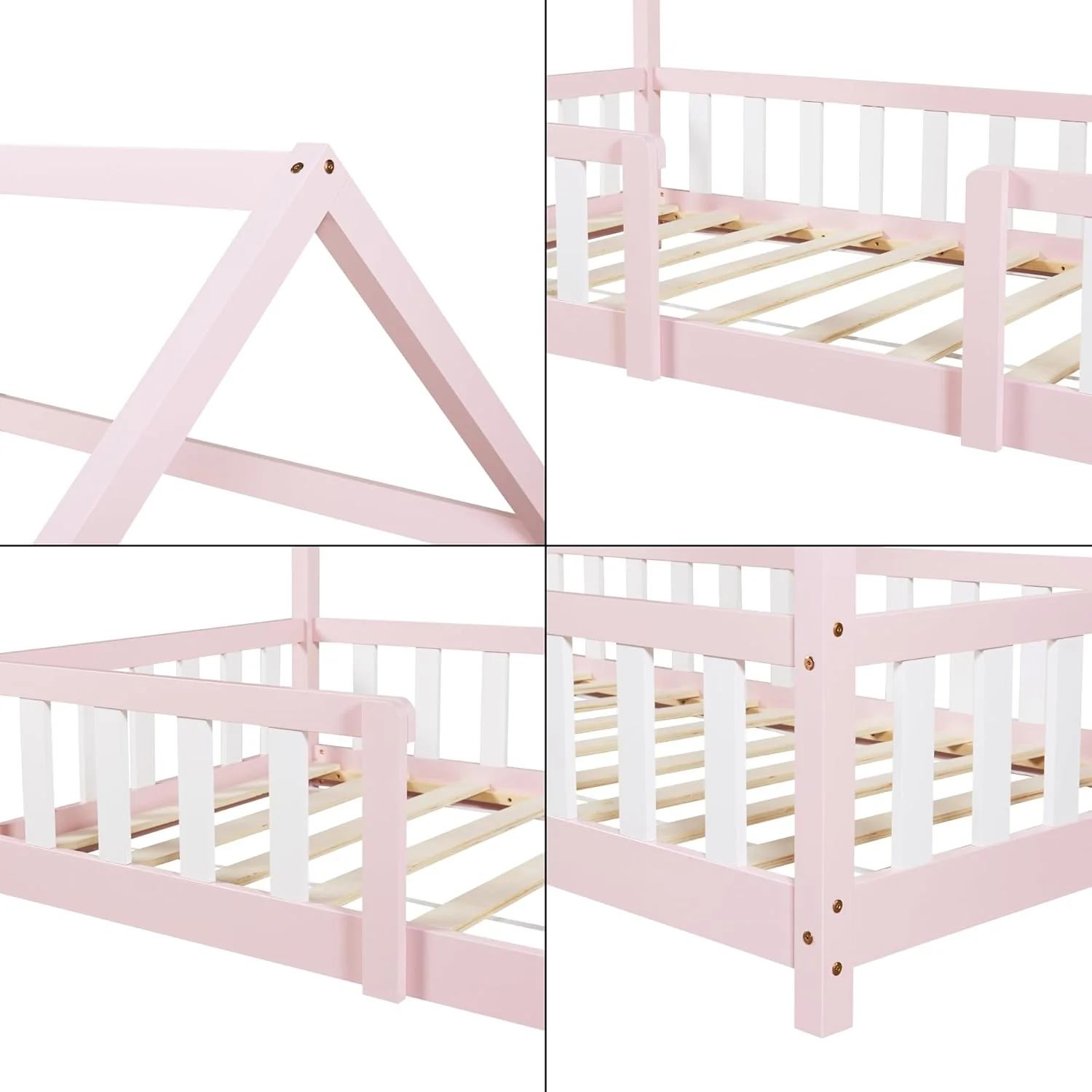 [en.casa] Letto per bambini Sisimiut a capanna 80 x 160 cm con protezione anticaduta letto in legno per bambini letto a terra rete a doghe in legno di pino Bianco opaco