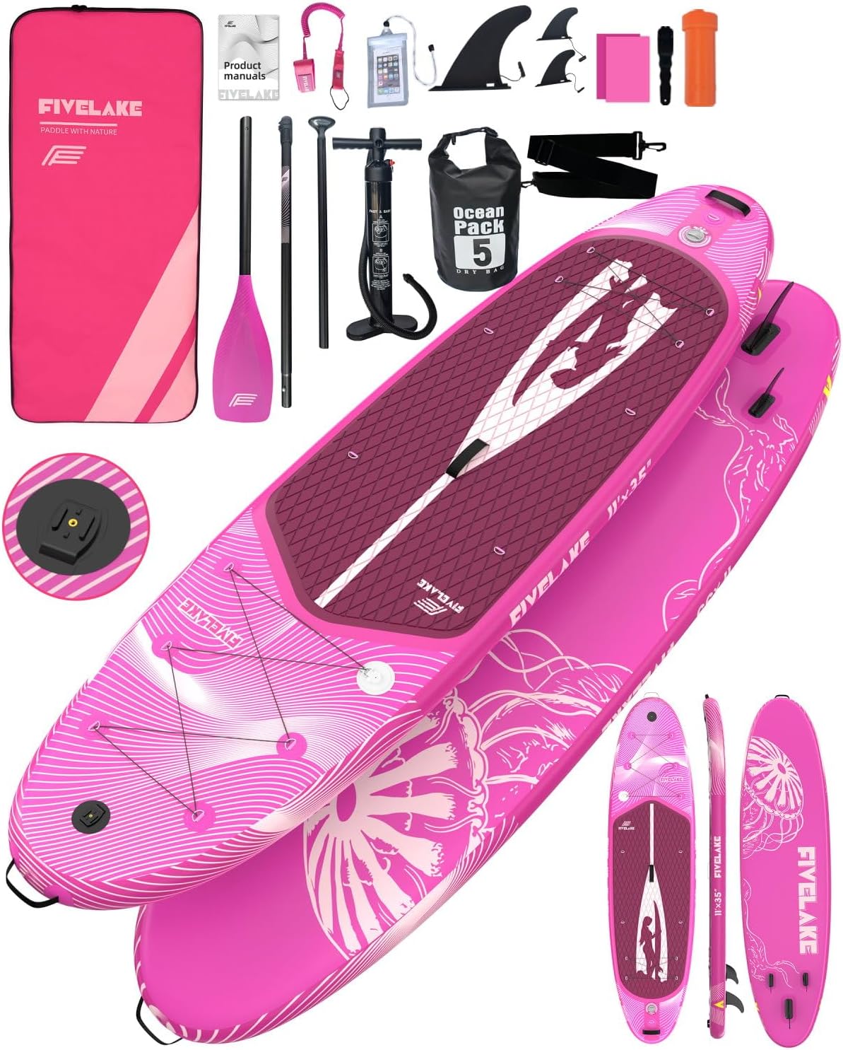 FIVELAKE Tavola gonfiabile per adulti, 335 cm, con accessori per paddleboard SUP, pagaia regolabile, pompa, zaino da viaggio, guinzaglio, borsa impermeabile