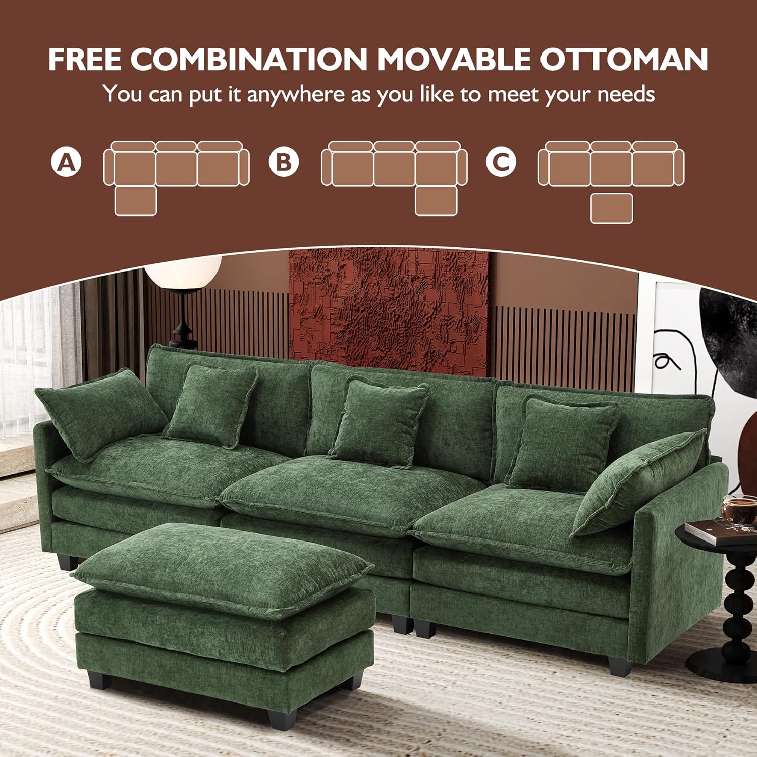 111.4 Inch L-Shaped Modern Sofa Modular Cloud Sofa Ottoman 4-Seater Chenille Deep Seat Sofa