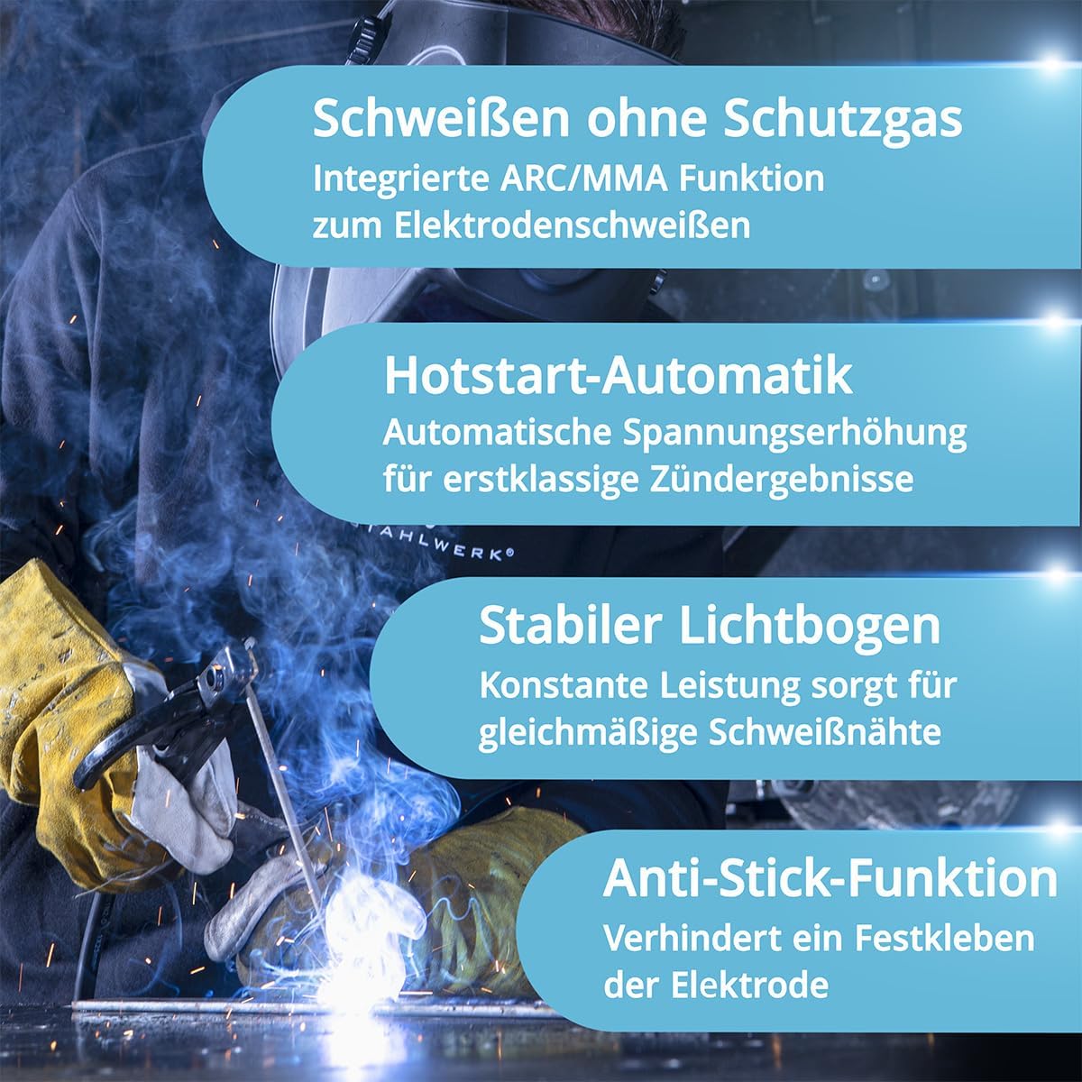 STAHLWERK Schutzgasschweißgerät 3-in-1 Kombi MTM-200 ST – Vollausstattung – WIG, MIG/MAG, MMA/E-Hand bis 200 A, synergischer Drahtvorschub, 4-Rollen-Antrieb, Fülldraht geeignet, Stahl, Dünnblech