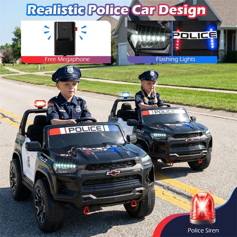 24V 4WD 2-Seater Ride on Police Car, Licensed Chevrolet Kids Electric Vehicle with Remote Control, Megaphone, Siren, Flashing LED Lights & Storage