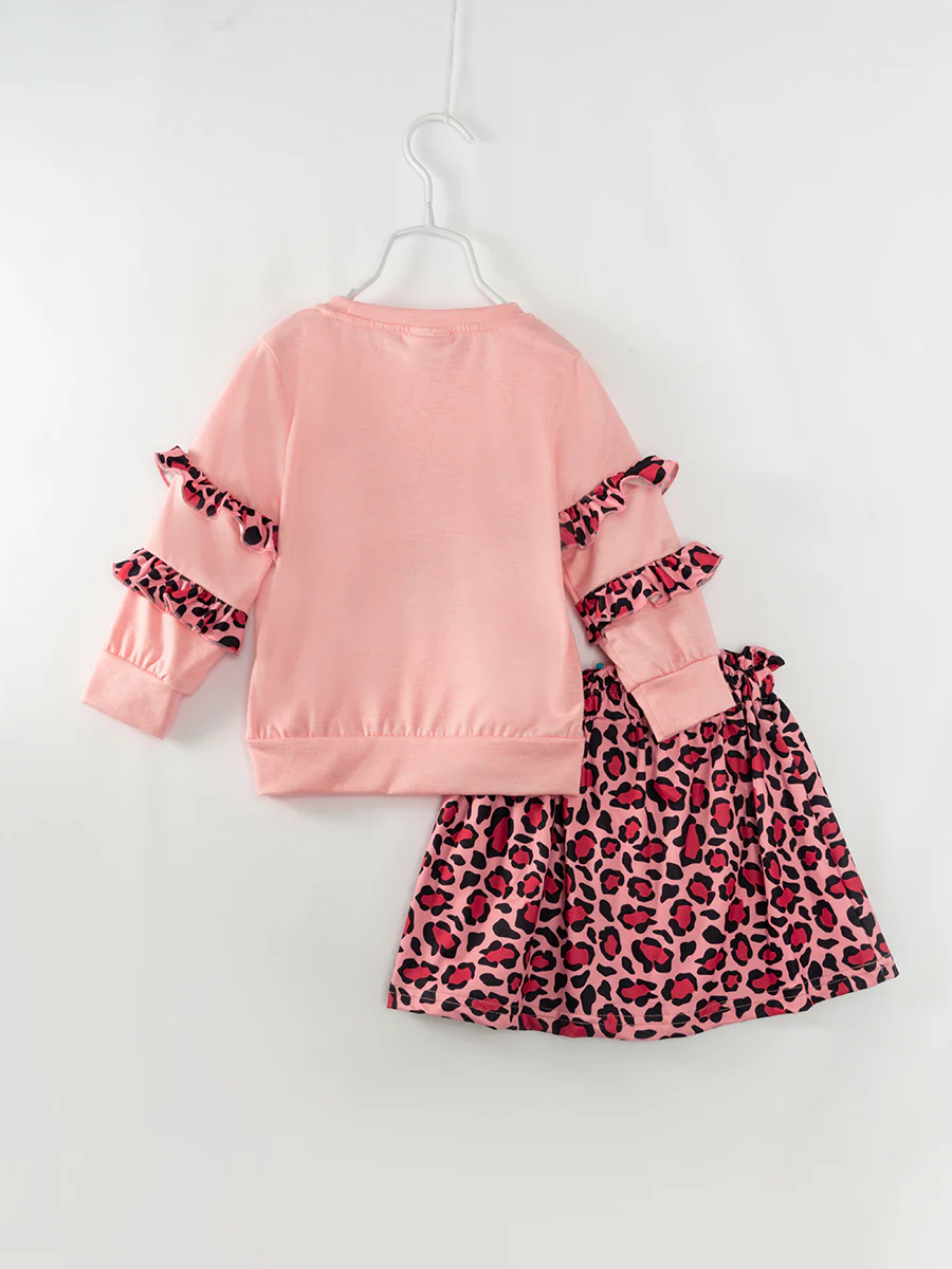 Valentine's Day Pink Leopard Heart Ruffle Girl Skirt Set