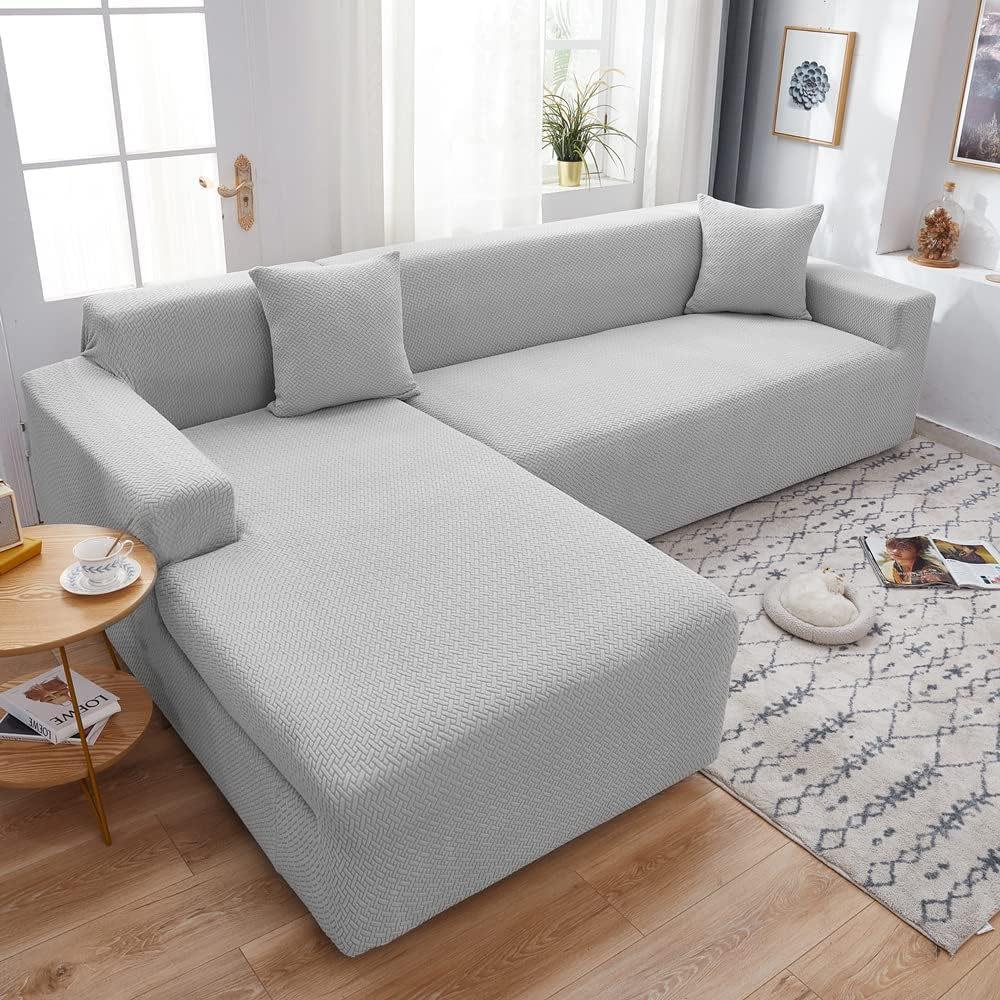 Divano angolare a 5 posti con chaise longue per bambini e animali domestici Tessuto resistente all'usura design per tutte le stagioni misura universale beige e grigio 300-360 cm
