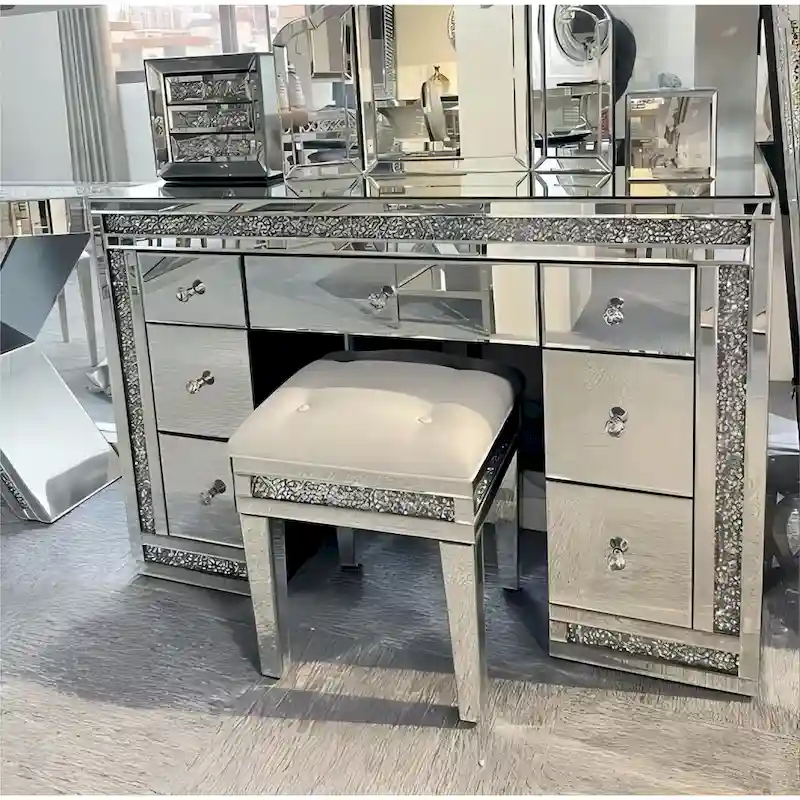 7-Drawer Mirrored Vanity Dressing Makeup Table with Sparkling Diamond