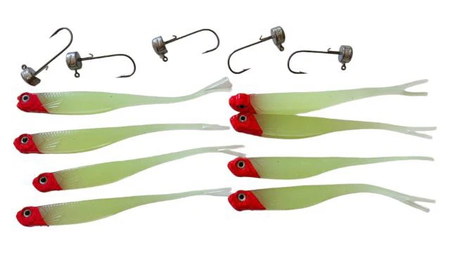 8pcs MasterPro Larger 13cm, 8.5g Redhead Lumo Fork Tail minnow lure +5pcs jigheads