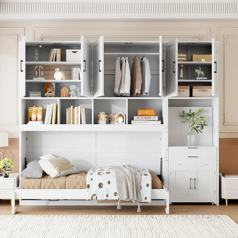 Twin Size Murphy Bed Wall Bed with Closet , Drawers & Desk