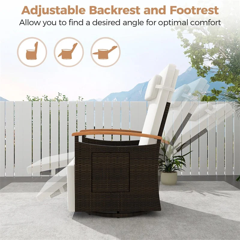 Outdoor Rattan 360° Swivel Recliner Chair, Patio Wicker Chaise Lounge Chair with Adjustable Backrest & Footrest, Flip Side Table & Cushions