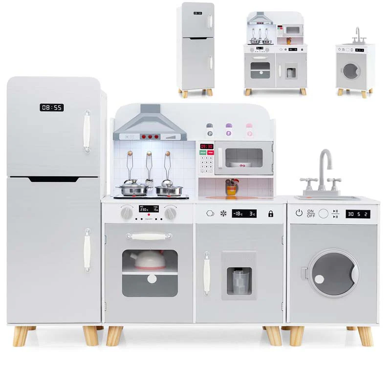 3-Piece Modular Kids Kitchen Playset, Wooden Little Chef Pretend Play Kitchen Set with Refrigerator, Washing Machine, Range Hood & Stove for Toddlers