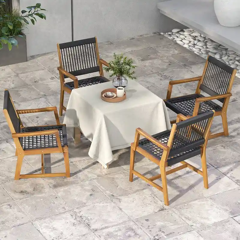 Gymax Patio 4PCS Acacia Wood Dining Chairs All-Weather Rope Woven