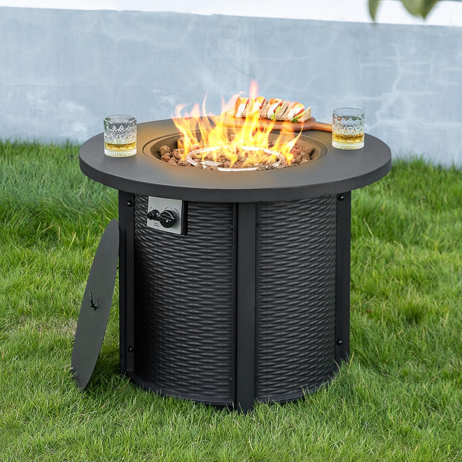 Nuu Garden 30'' Outdoor Round Propane Fire Pit Table, CSA-Certified 2-in-1 Gas Fire Pit with Rattan-Embossed Metal Frame, Stainless Steel Burner, Lid & Lava Rocks, for Patio Dining & Party, Black