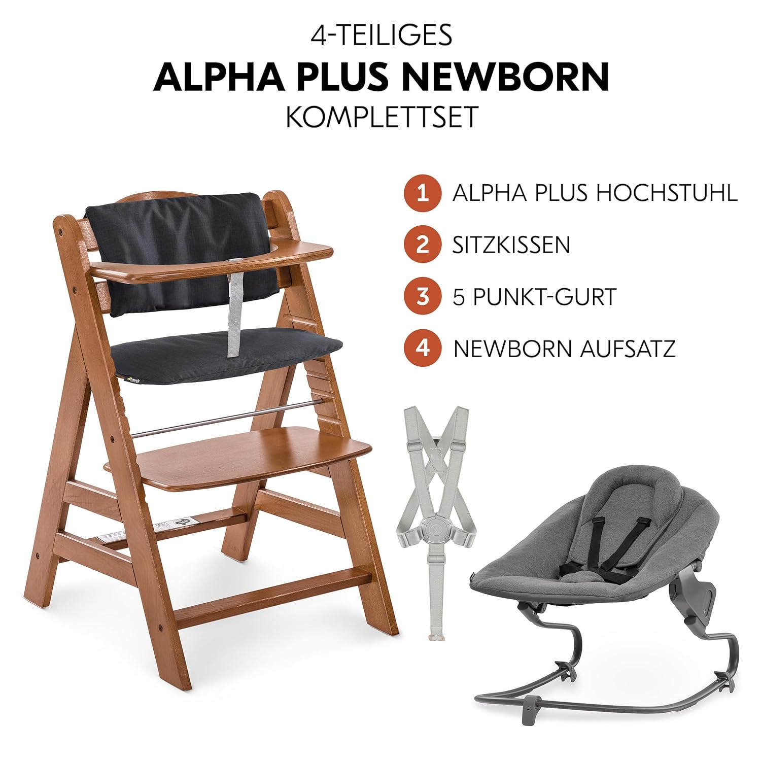 hauck Alpha+ Newborn Set mit Premium Bouncer Dark Grey - Baby Holz Hochstuhl ab Geburt mit Liegefunktion - extra flacher Aufsatz für Neugeborene & Sitzpolster - Walnuss