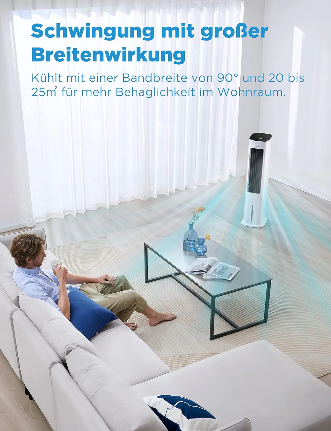 Midea AC100-20ARB Luftkühler 4-in-1 – 5L Wassertank, 3 Modi, Fernbedienung, 55W, Weiß