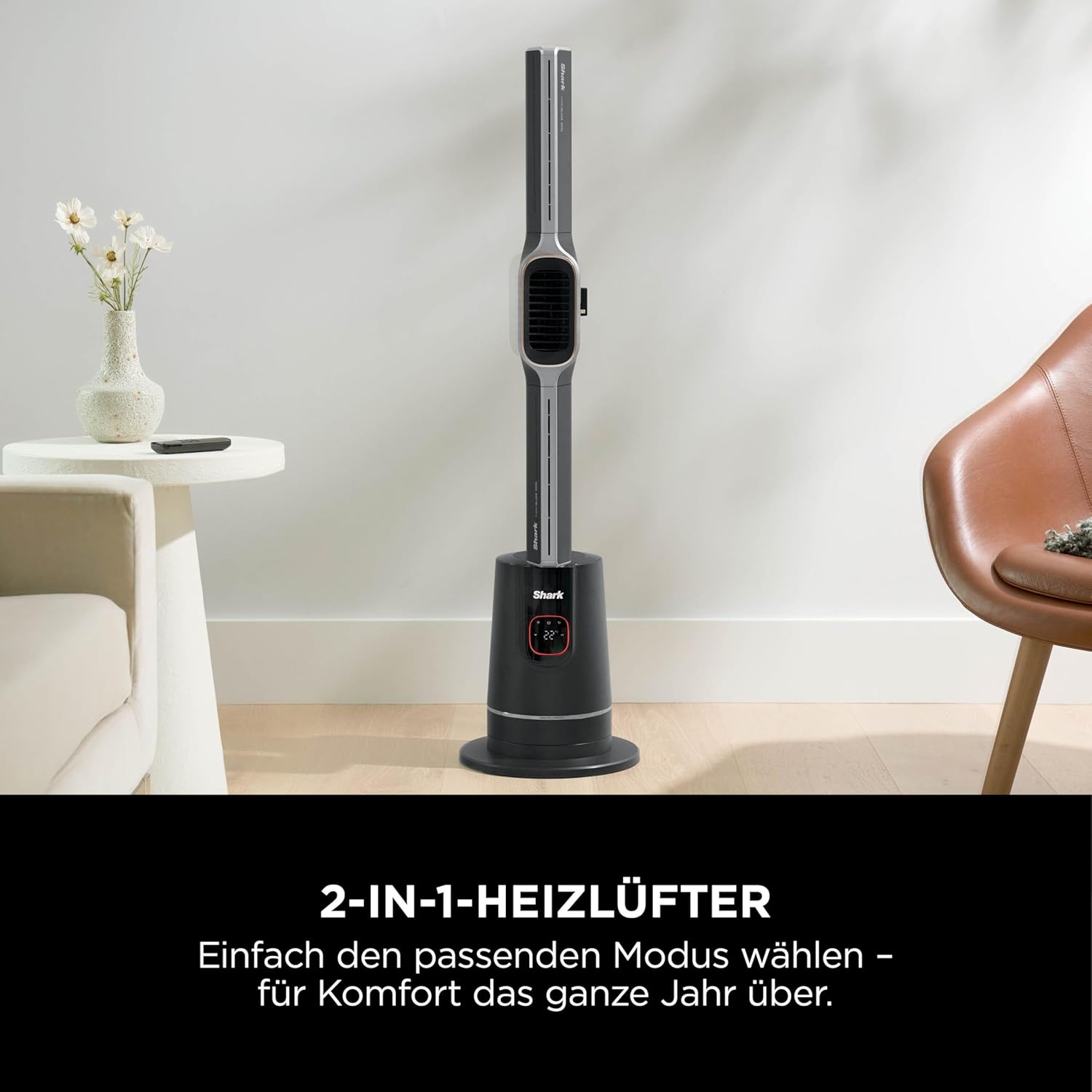 Shark TurboBlade Cool + Heat 2-in-1 Ventilator & Heizlüfter mit Thermo IQ, Fernbedienung & Oszillation | Flügelloser Turmventilator für Schnellheizung & Luftkühlung, Schwarz-Gold, TH200EU