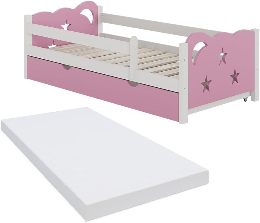 Kinderbett 80x160 cm Jessica mit Schublade und Matratze - Rosa/Weiß 166x53x86 cm aus Bambus - Bettschublade perfekt für Kinder, Geborgenheit für eine Nacht voller schöner Träume