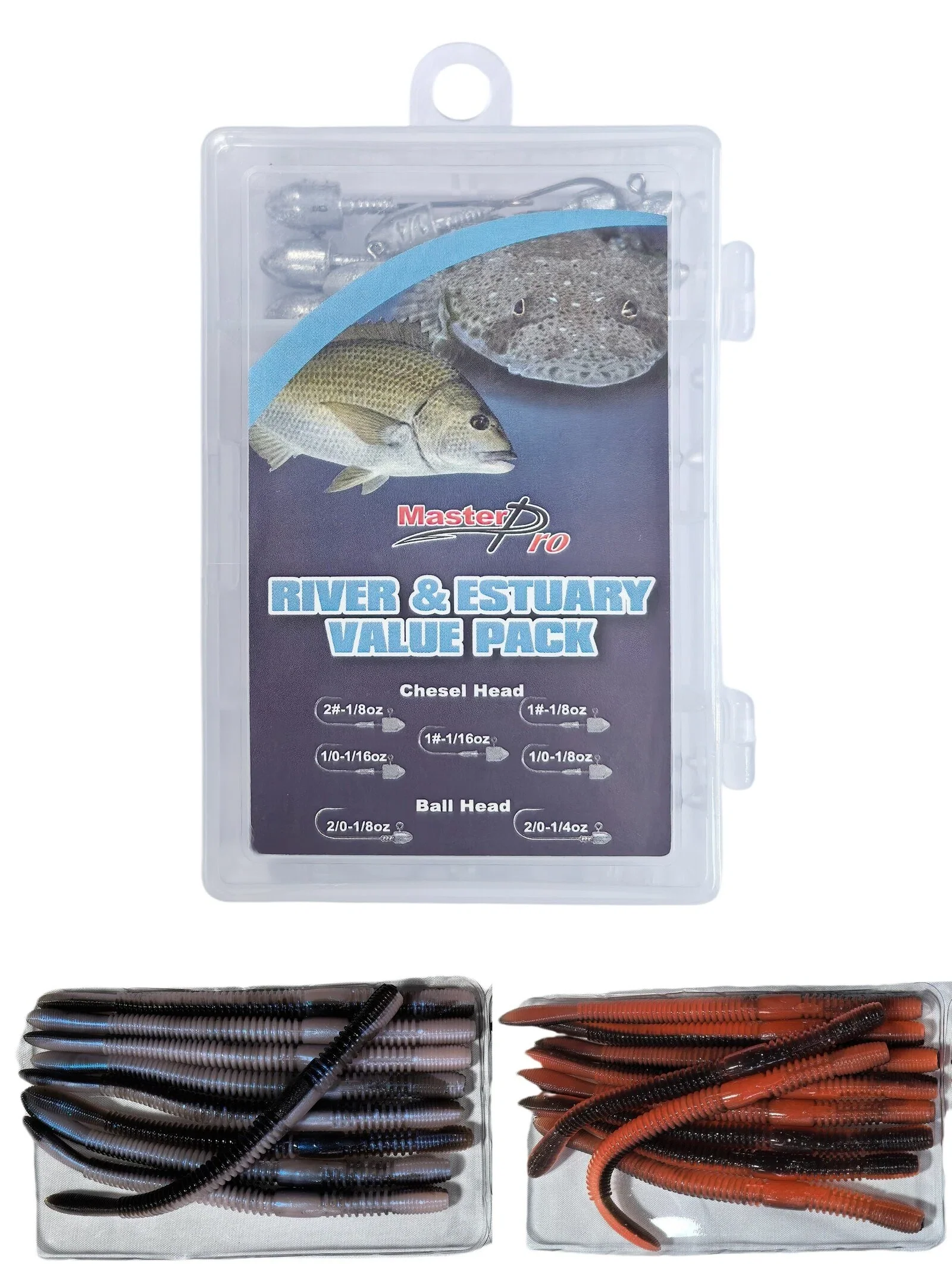 MasterPro River & Estuary Jig Head Kit �?35pcs Ball & Chisel Point Jigheads, 1/16oz�?/4oz, Hook Sizes #2 to 2/0 | Free Soft Plastic Worms At $10