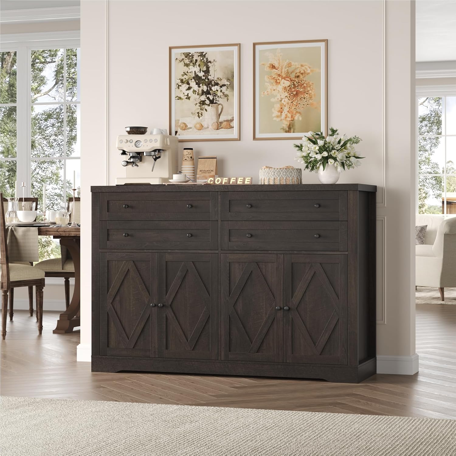 HOSTACK 55" Coffee Bar with 4 Large Drawers, 40" Tall Buffet Cabinet with Storage, Kitchen Storage Cabinet, Modern Farmhouse Sideboard Buffet, Adjustable Shelves for Living Room, Dark Brown