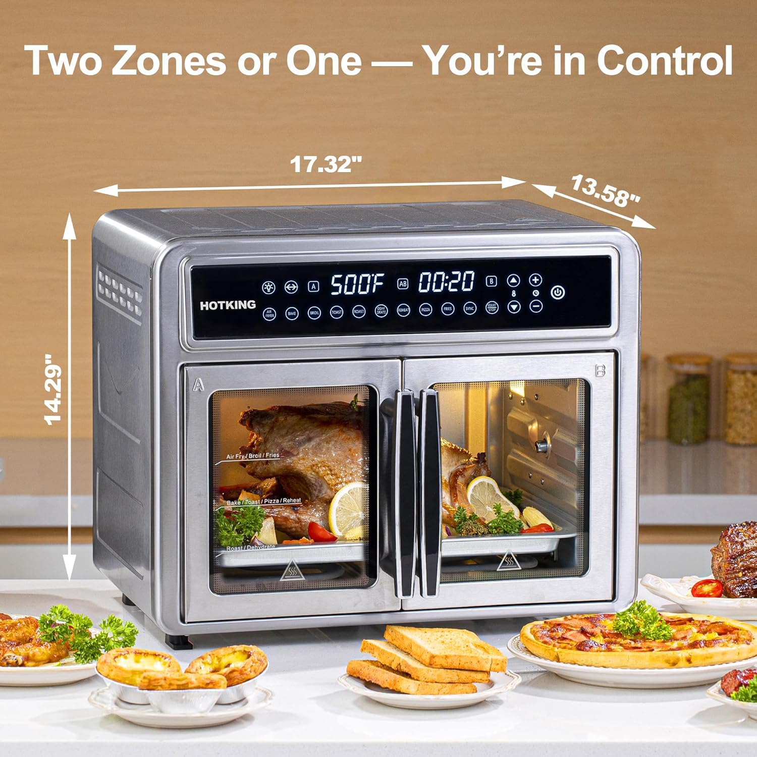 HotKing Dual-Zone Air Fryer Toaster Oven Combo, 28 QT Extra Large, Non Toxic Stainless Steel Convection Oven with French Door, Countertop Airfryer with Window, Racks, Rotisserie, Dehydrator, ETL Rated