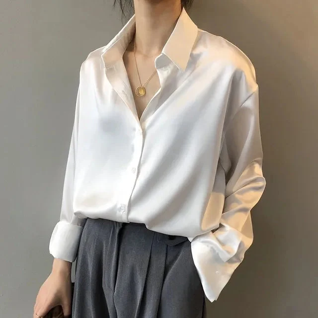 Women��s Satin Blouse Classic Button Down Elegant Design