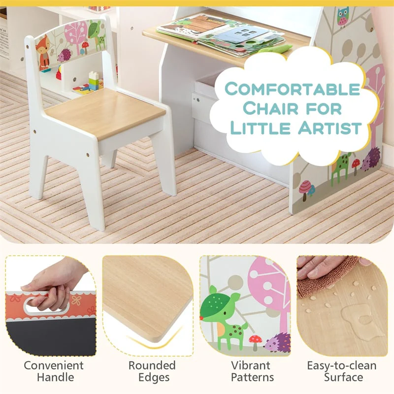 3-in-1 Kids Art Easel with Chair, Wooden Toddler Easel Table & Chair Set w/ Double-Sided Magnetic Whiteboard & Chalkboard, Bookshelf, Storage