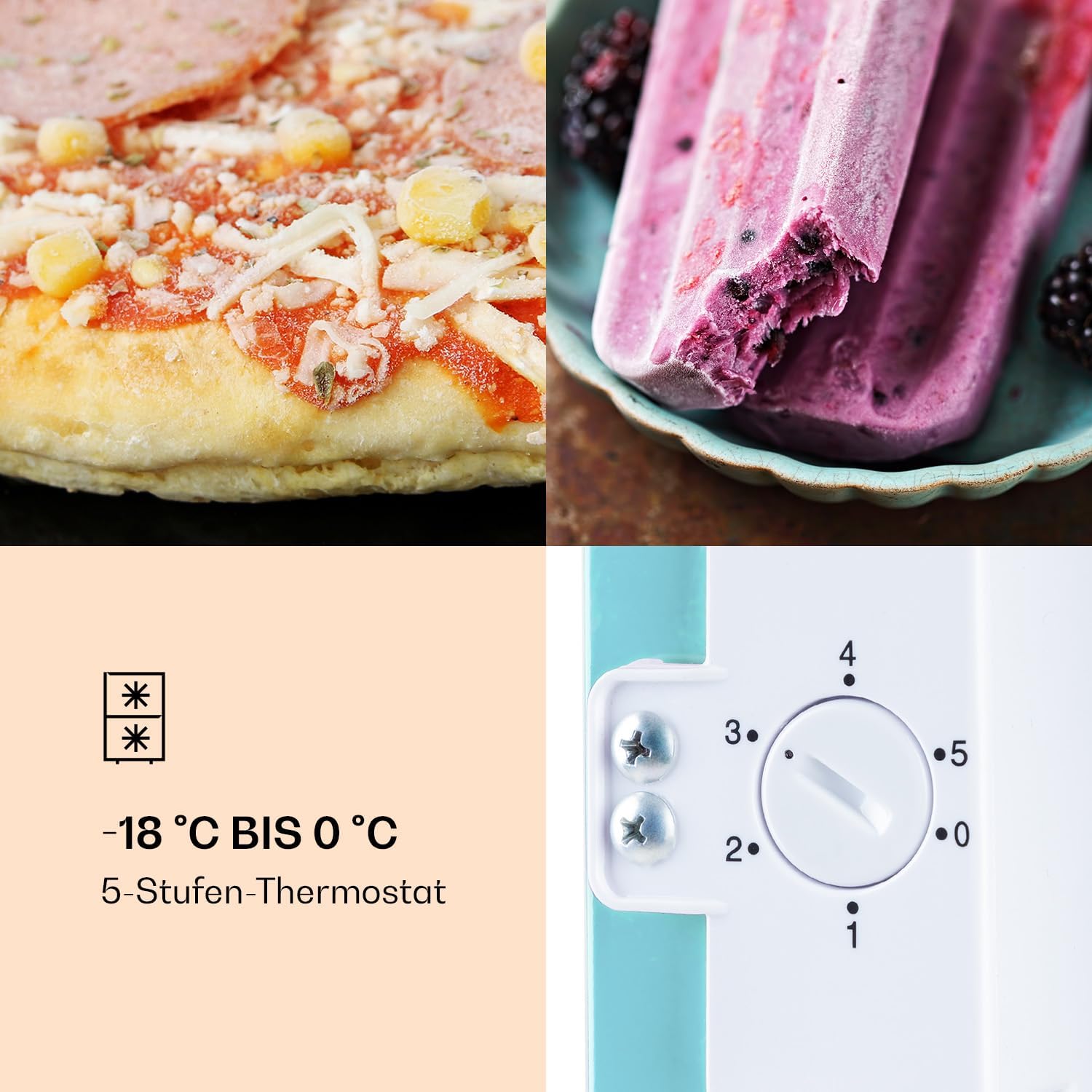 Klarstein Laika Gefrierschrank - 60 Liter Gesamtvolumen, Thermostat mit 5 Stufen, 0 bis -18 °C, 3 Einschübe, freistehend, Retro-Design, blau
