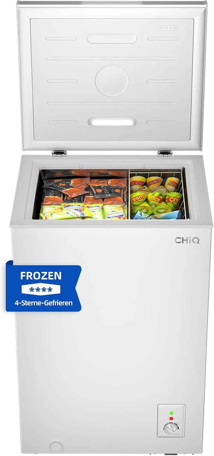 CHiQ FCF98DE Congelatore a pozzetto 99 L, 54,5 x 47,6 x 83,5 cm, congelamento 4 stelle, controllo termostatico, cestello in filo, porta bilanciata, silenzioso, bianco