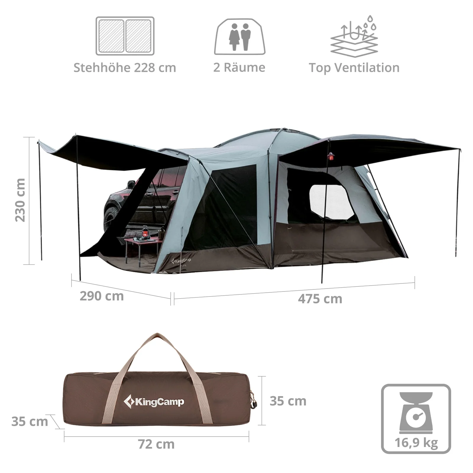2025 KingCamp Hawly Tenda familiare – Tenda autonoma per camper con altezza interna di 228 cm, vele parasole, colonna d’acqua 3000 mm e uso versatile