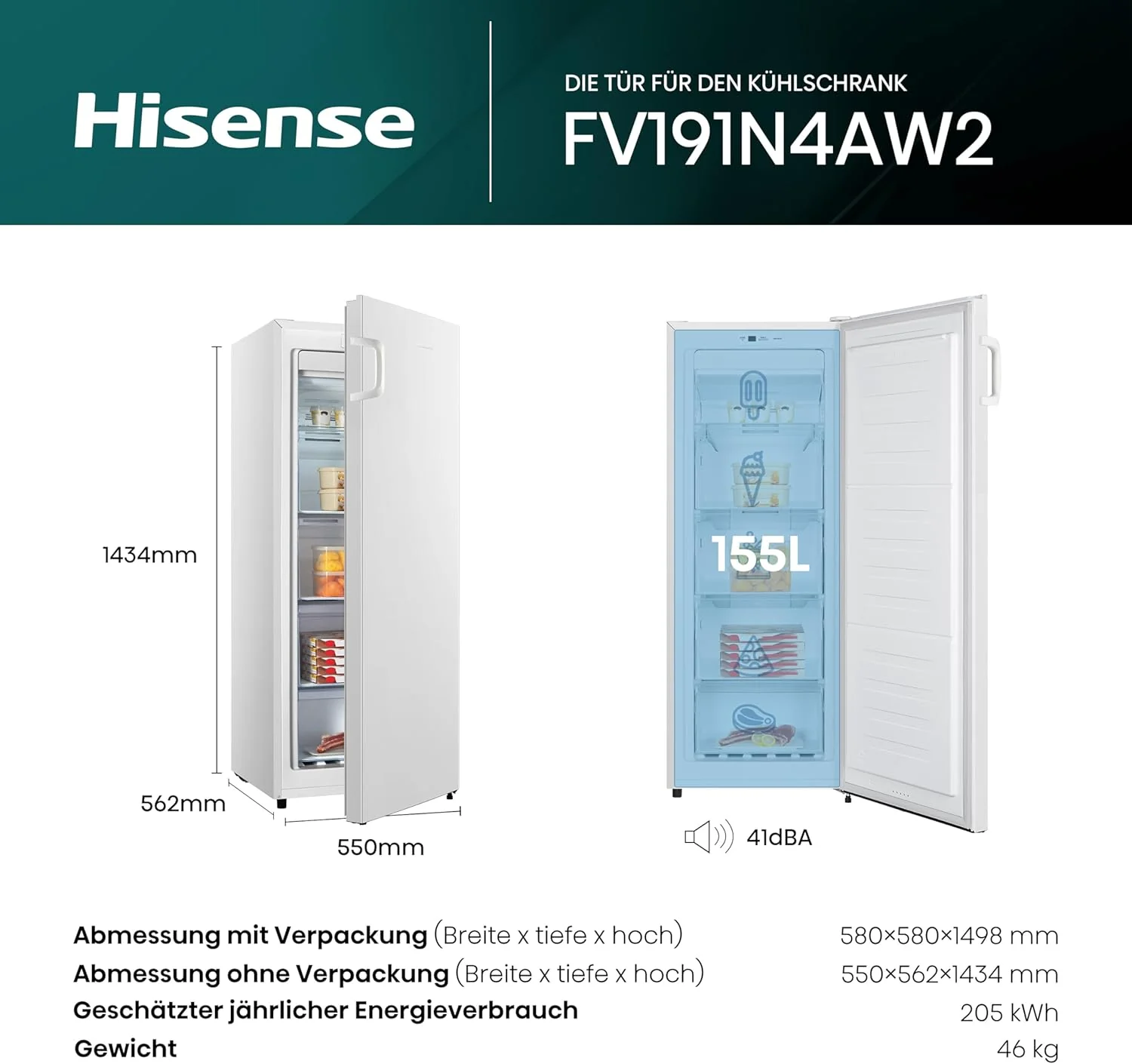 Hisense FV191N4AW2 Congelatore verticale/ Total No Frost/ Super Freeze/ Allarme porta/ Multiflow 360°/ BigBox/ 143,4 cm/ Congelatore 147 l/ 41 dB/ 205 kWh/Bianco