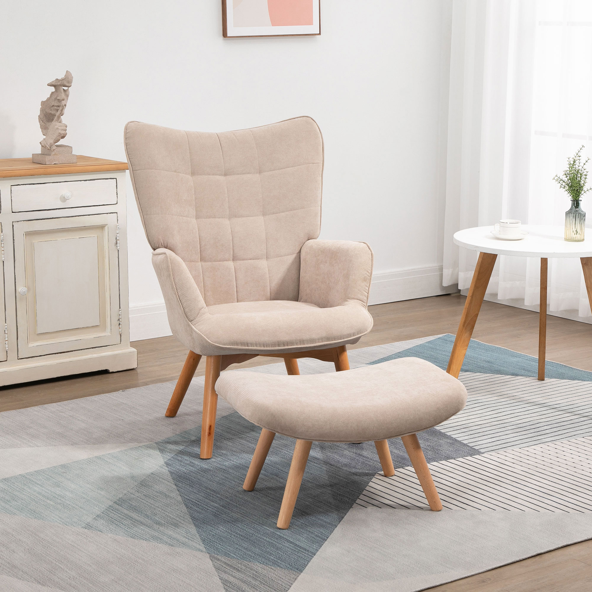HOMCOM Fauteuil met Scandinavisch accent, voetenbank, fauteuilset, beukenhout, corduroy-look, beige