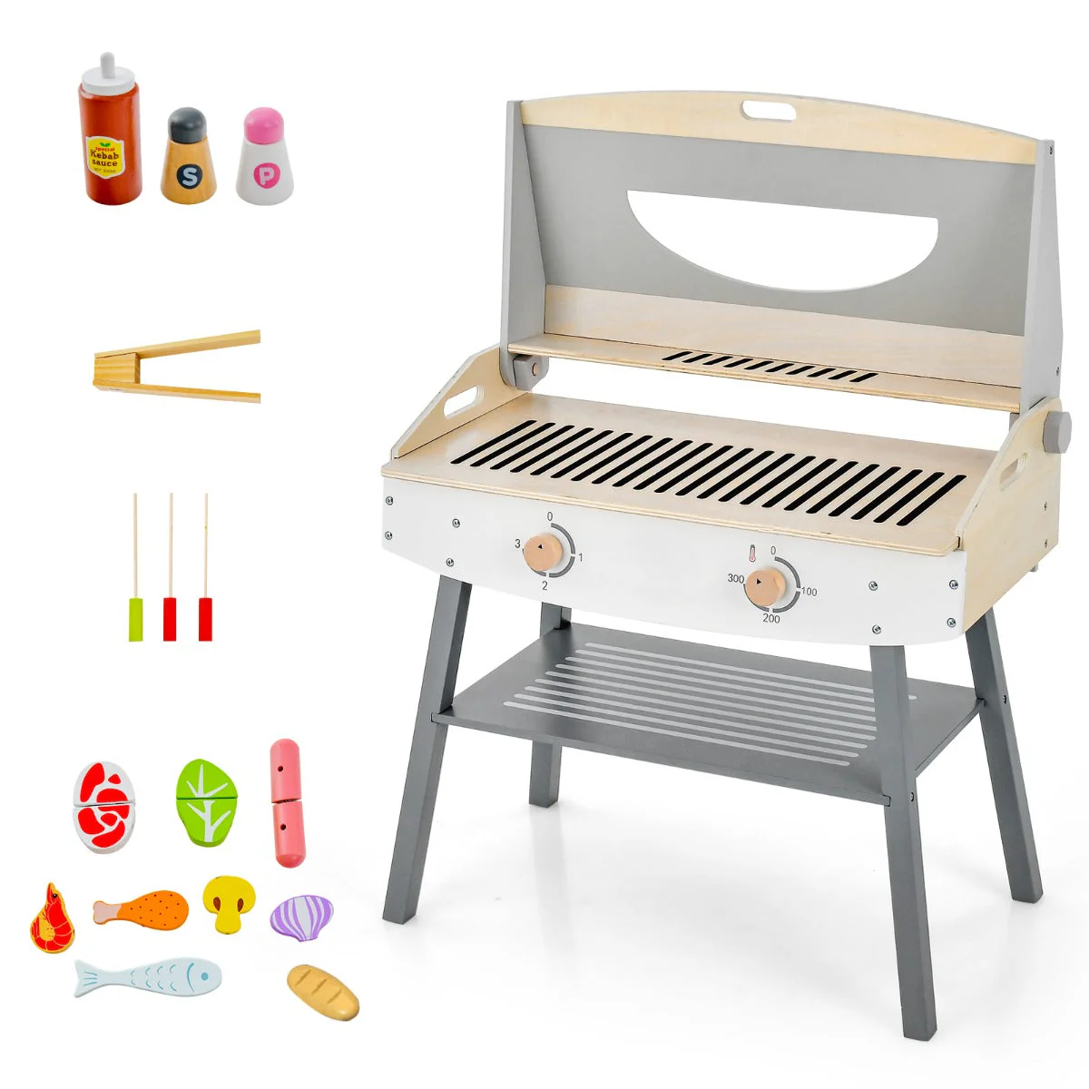 Barbecue giocattolo in legno per bambini 3 anni + 17 accessori coperchio ribaltabile suono realistico regali ideali
