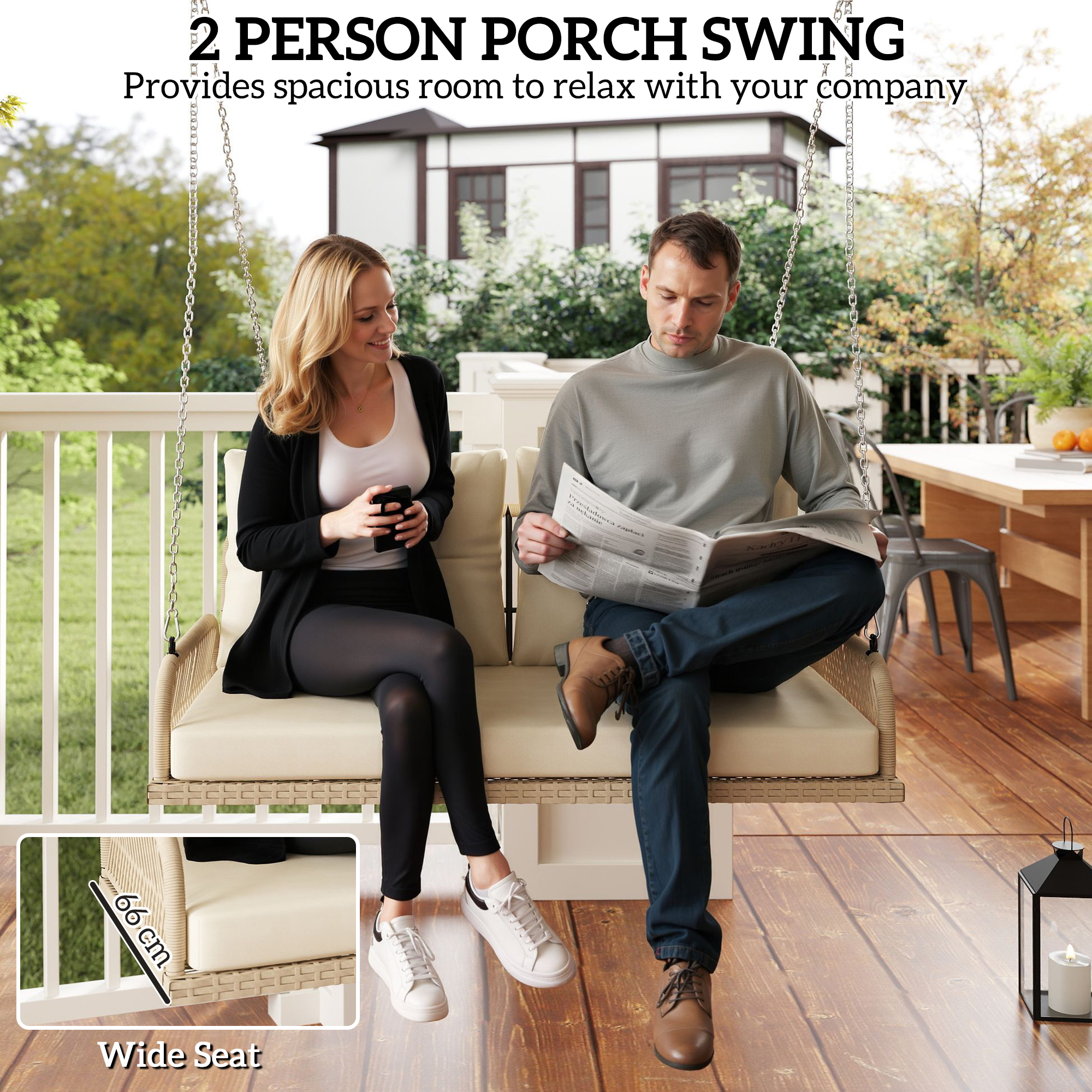 Outsunny Hollywoodschommel 2-Zits Rattan Tuinschommel met Kussens Ketens Tot 240 kg 115 x 66 x 44 cm Beige