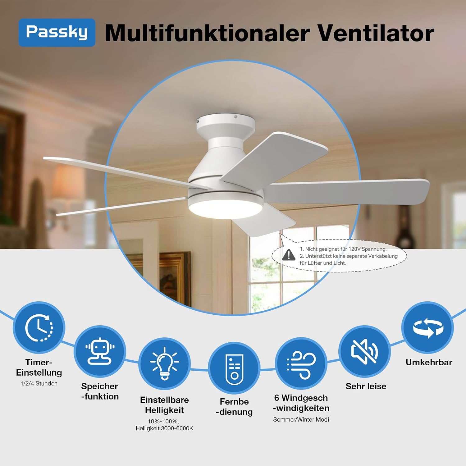 Passky 107cm Deckenventilator mit Beleuchtung & Fernbedienung, leiser DC-Motor, 6 Geschwindigkeiten, Dimmbare LED-Leuchte, 3 Farbtemperaturen, Weiß