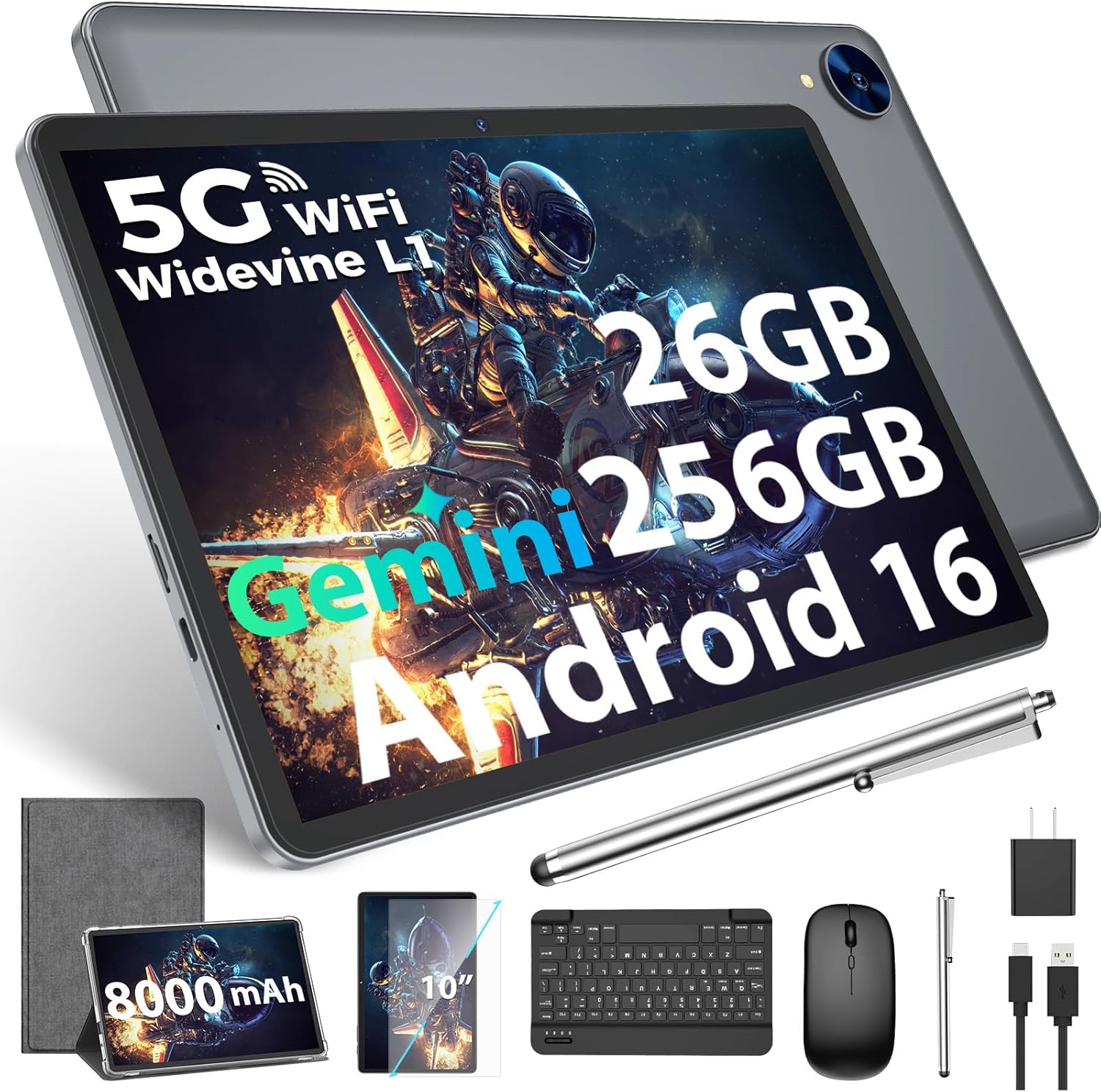 2026 Gemini AI Android 16 Tablet, 10 inch Tablet with Keyboard, 26GB+256GB (2TB Expand), 2-in-1 Tablets with 8-Core, 5G WiFi, 8000mAh, GMS, GPS, Electronic Tablets PC with Mouse, Case, Stylus (Silver)