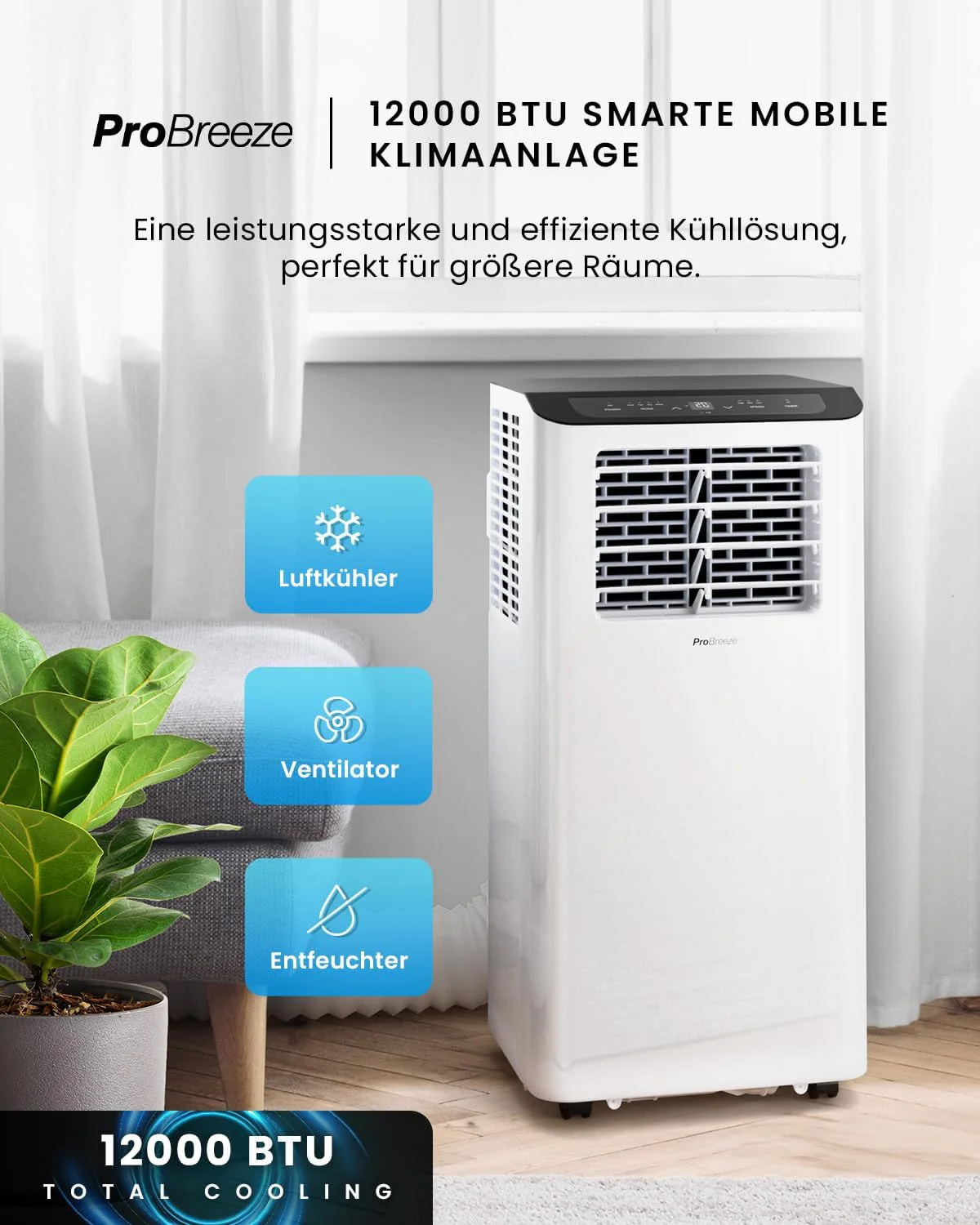 Pro Breeze 12000 BTU mobil klímaberendezés (akár 50 m²-es helyiségekhez) – Mobil klíma alkalmazásvezérléssel, időzítővel és LED-kijelzővel – Ablaktömítéssel és elszívótömlővel – Mobil klímaberendezés otthonra és irodába