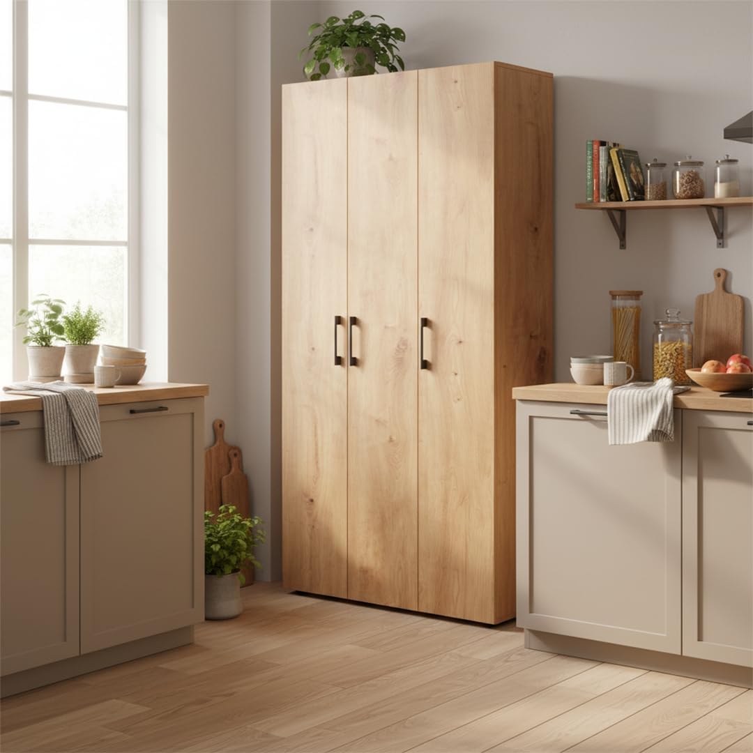 Bellamio Apol Mehrzweckschrank Eichenoptik – Besenschrank 90 cm breit mit Stauraum – Putzschrank mit Staubsaugerfach – Vorratsschrank Küche - Aktenschrank aus Holz - Flurschrank – Aufbewahrungsschrank