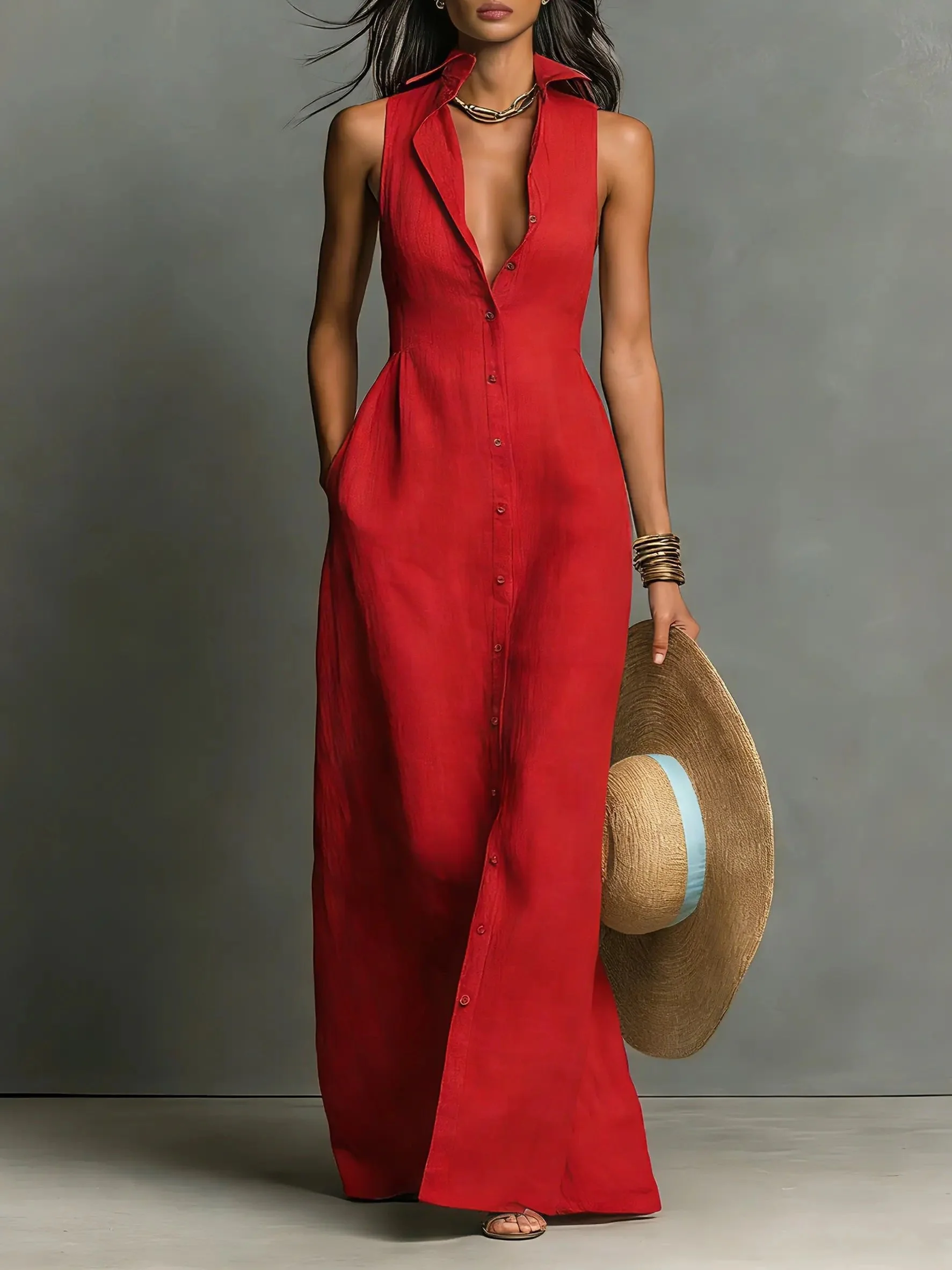 Womena??s Sleeveless Maxi Dress Collared Button-Front Linen Design