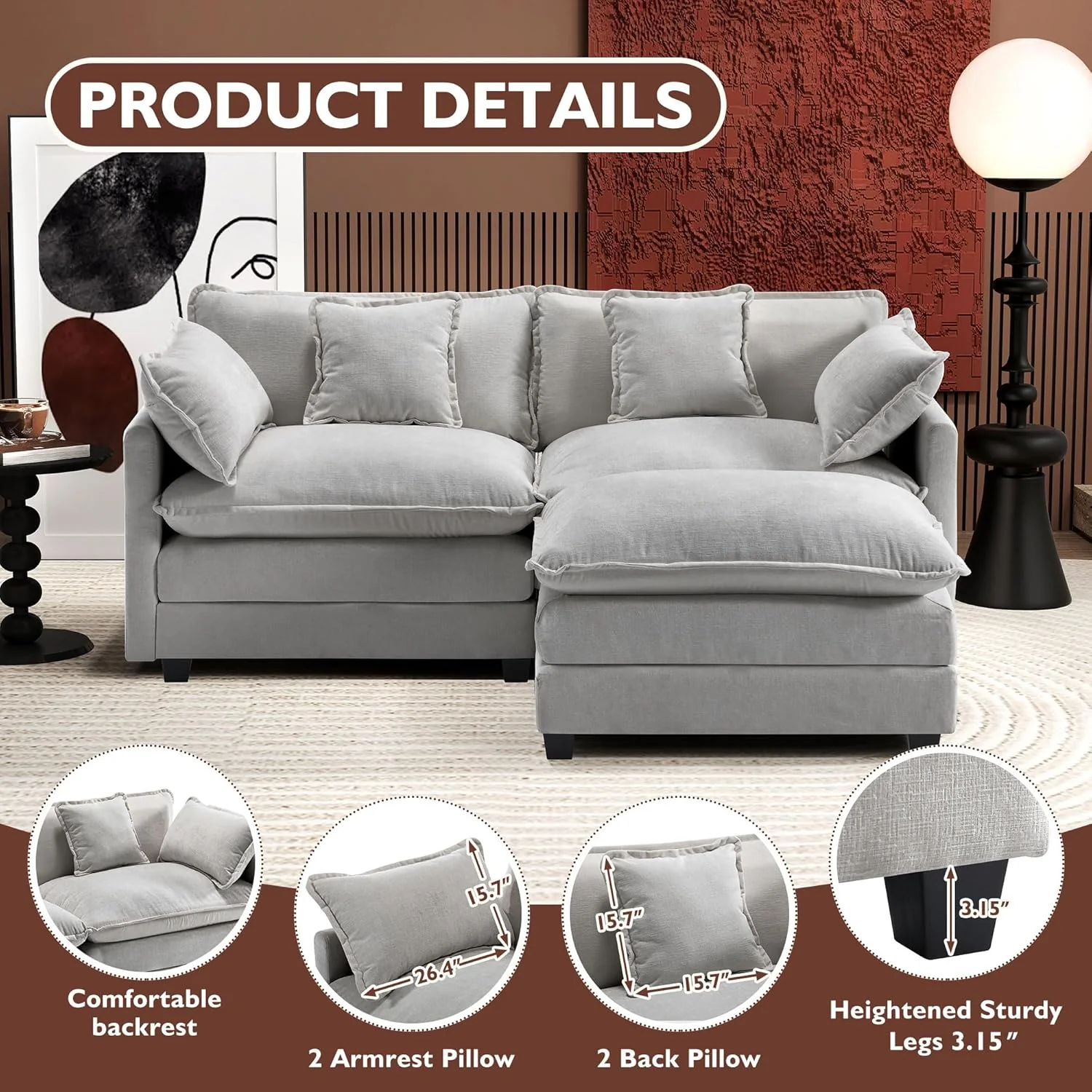 111.4 Inch L-Shaped Modern Sofa Modular Cloud Sofa Ottoman 4-Seater Chenille Deep Seat Sofa