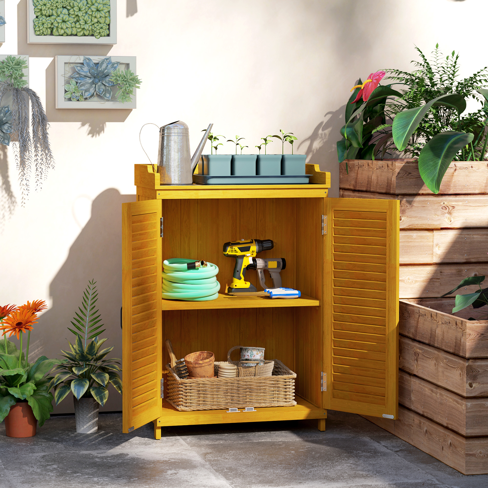 Tuinkast van Hout met Werkoppervlak, Weerbestendige Gereedschapskast, 65,5x40x98,5cm Geel