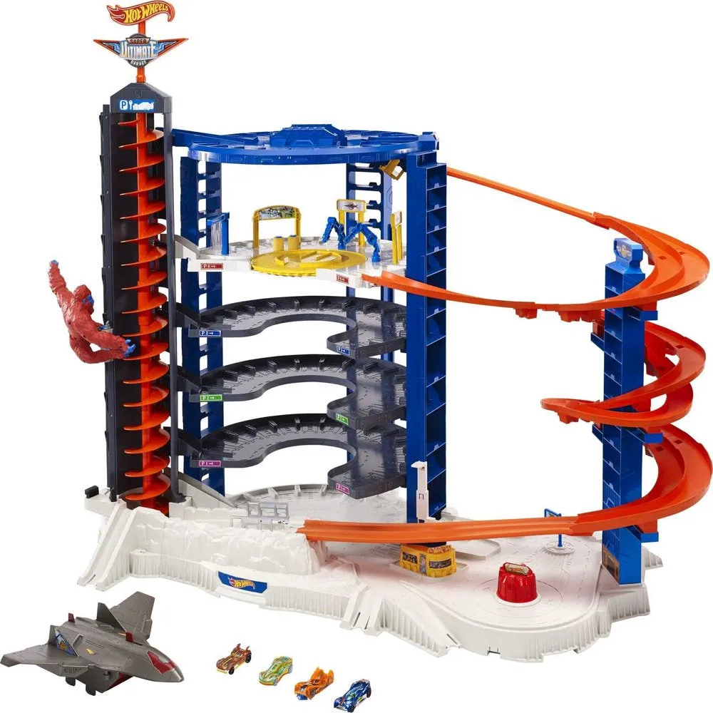 Hot Wheels Track Set with 4 1:64 Scale Toy Cars, Super Ultimate Garage, Over 3 Feet Tall