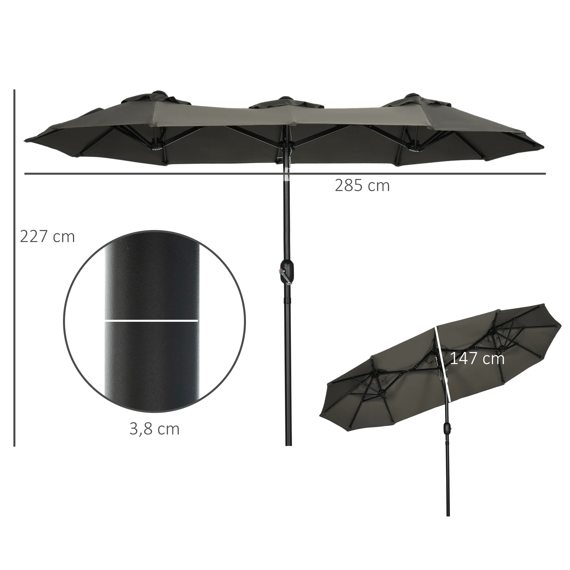 Outsunny parasol, tuinparasol, kantelbaar, met handslinger, winddak, polyester+staal, grijs, 285 x 147 cm