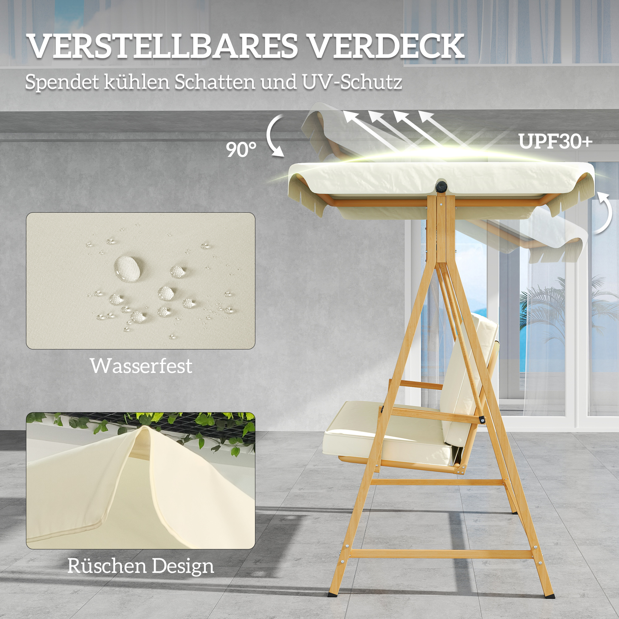 Outsunny Tuinschommel met Verstelbaar Zonnedak en Gewatteerde Zitting, 3-zits tot 330kg, 198 x 120 x 170cm, Beige