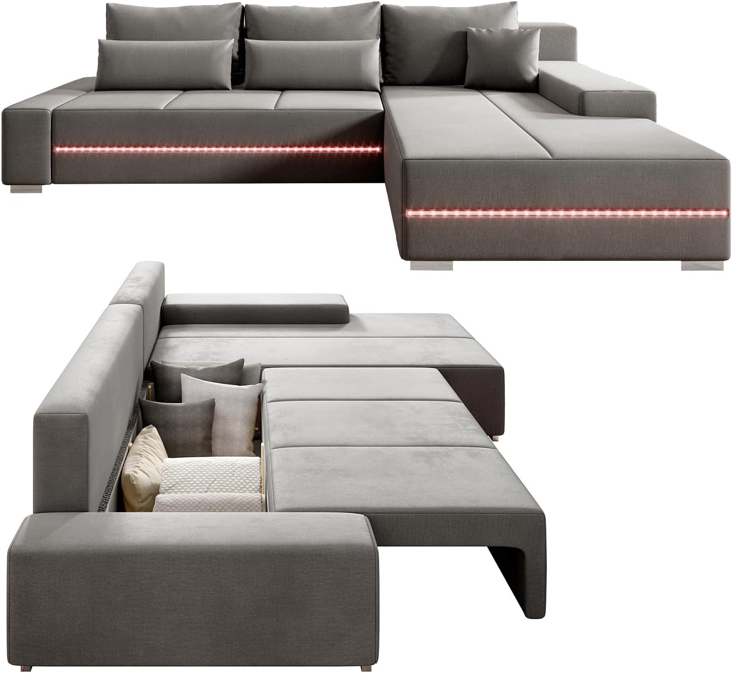 Juskys Sofa Davos Rechts mit Schlaffunktion - Ecksofa für Wohnzimmer mit Bettkasten & LED - Stoff Schlafsofa L Form Couch Beleuchtung - Hellgrau